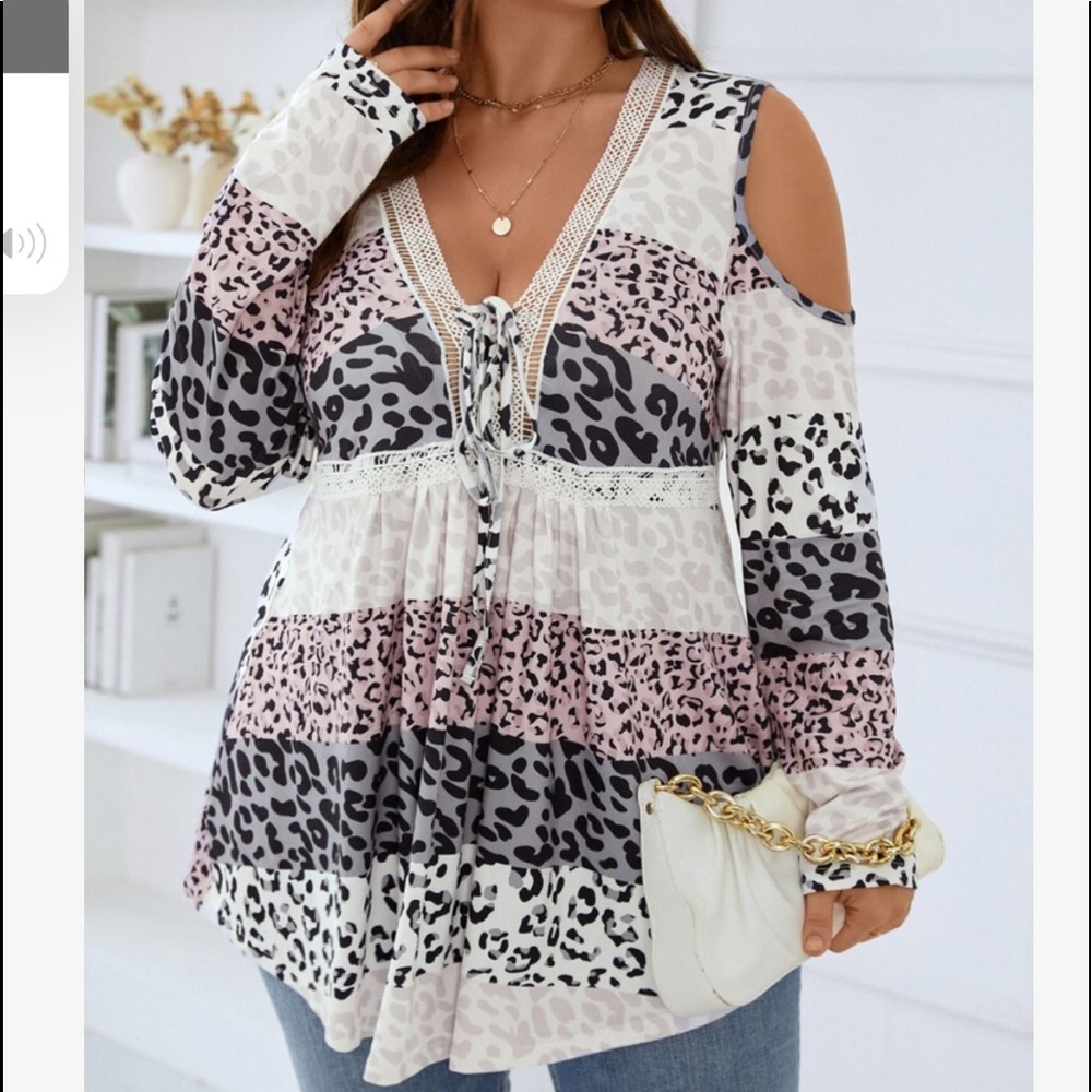 Plus Size Leopard Patchwork Print Colorblock Cold Shoulder Tie Front Top Blouse - Picture 4 of 6